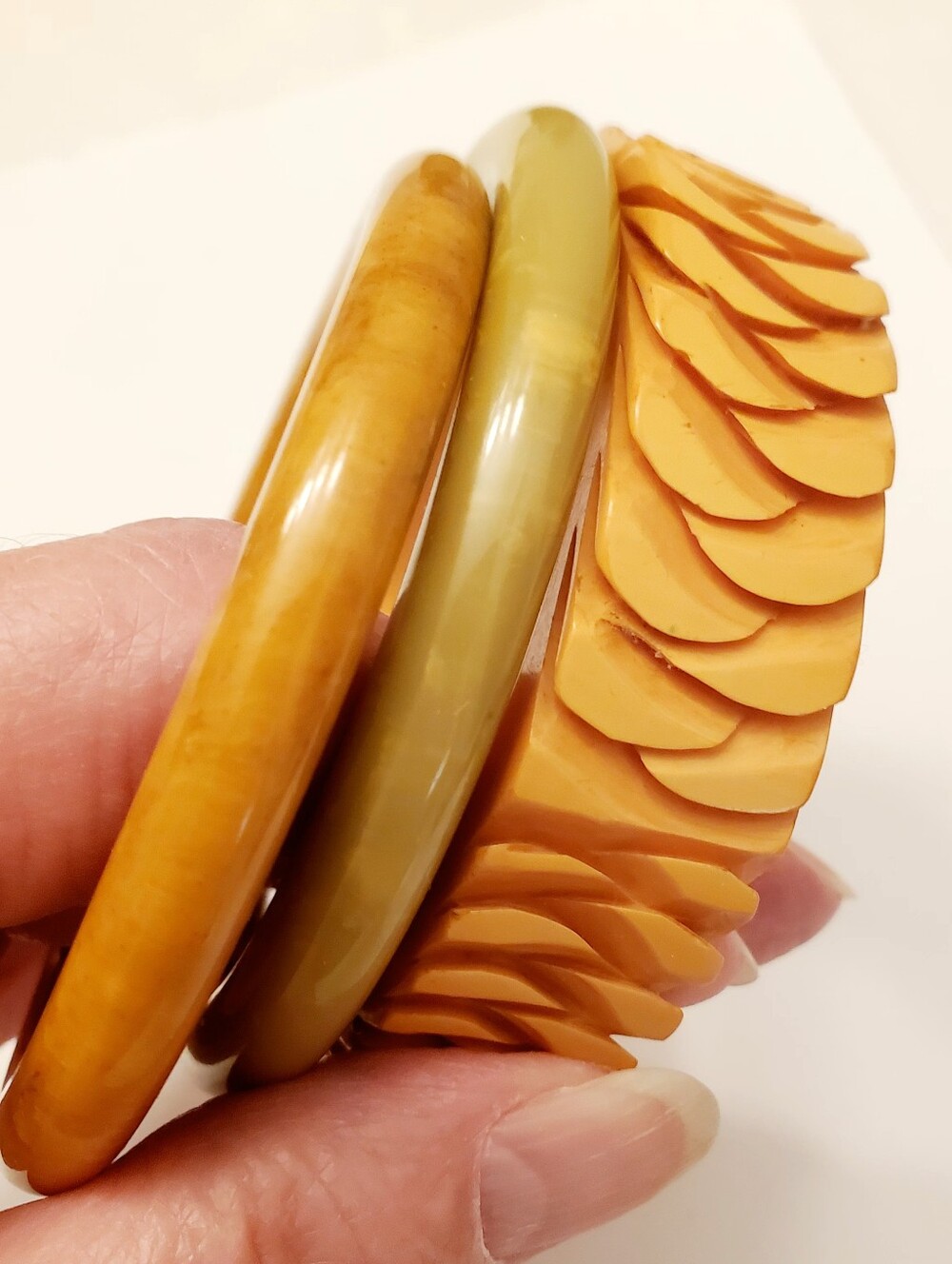 Vintage Bakelite Bracelets in Butterscotch & Light Green, 1 Carved